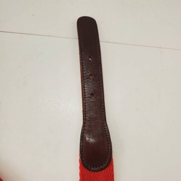 VTG Lacoste Men's Red Canvas Brown Leather Brass Buckle Belt 36 - Picture 4 of 7